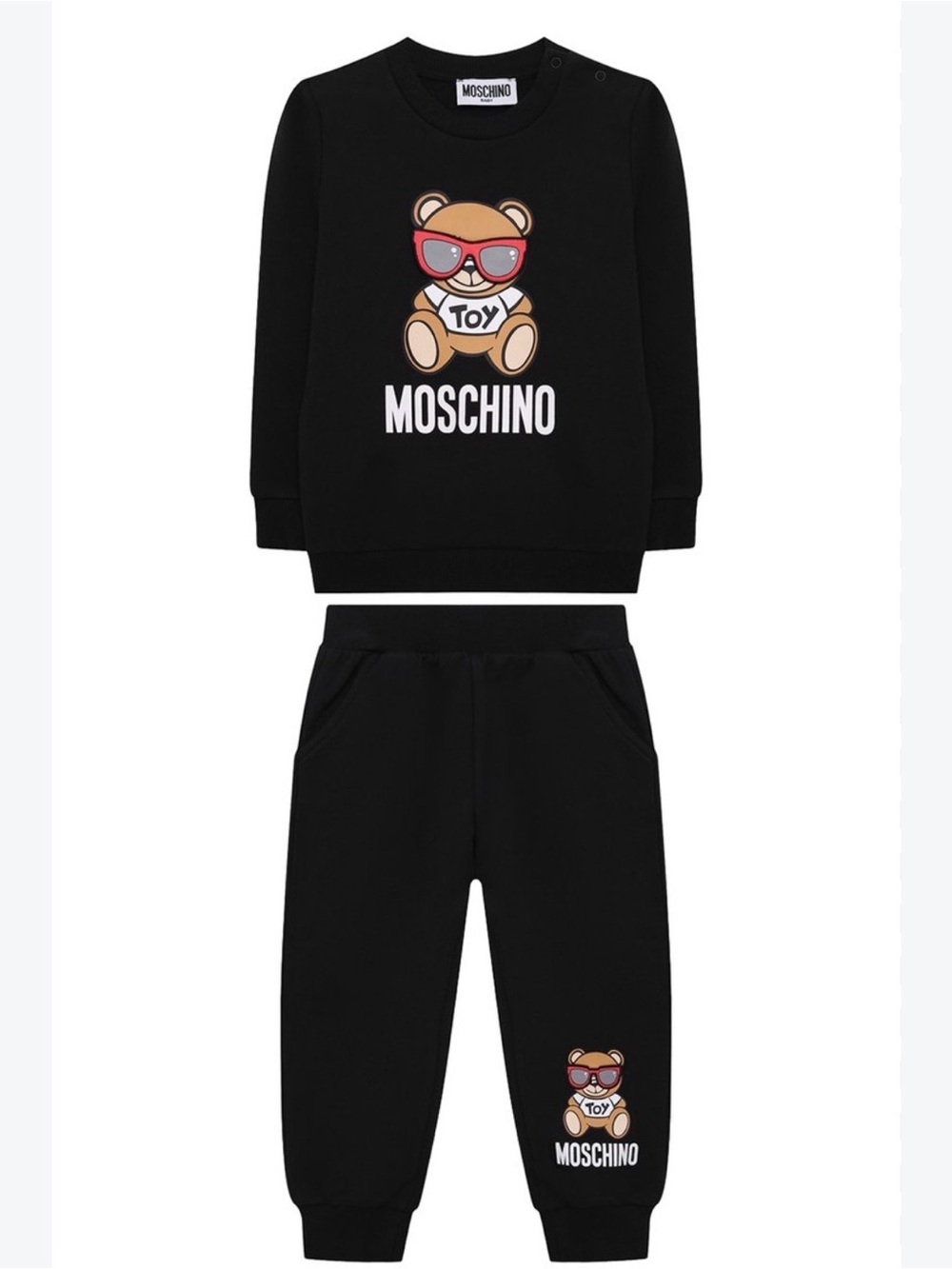 Moschino Black Kids Teddy Logo Lounge Set with Red Sunglasses Accent